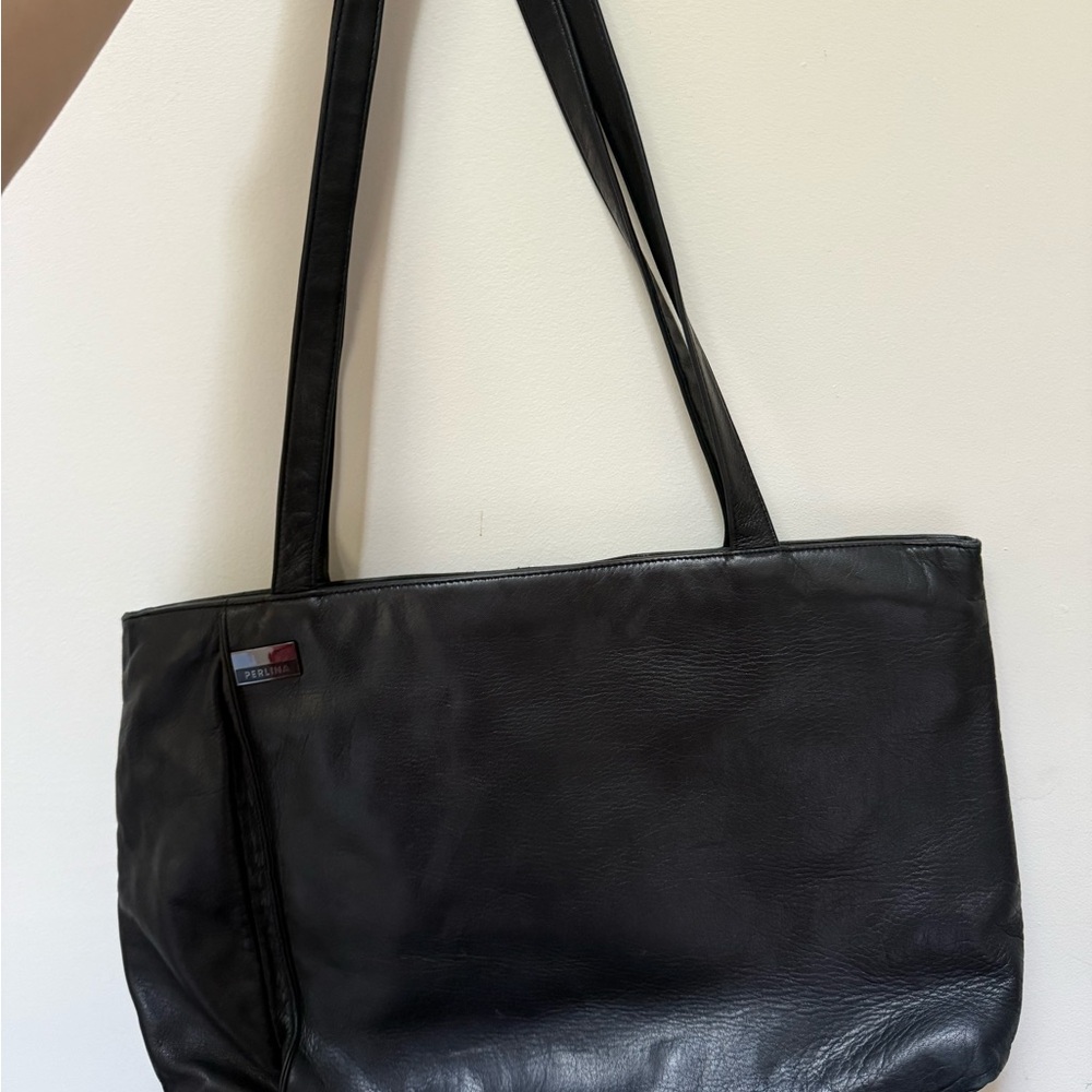 Perlina Black Leather Tote Bag